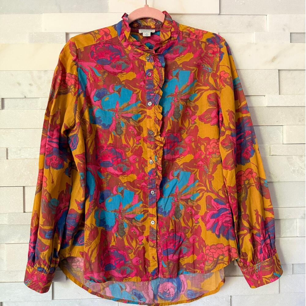 SUNDANCE 100% Cotton Bold Floral Ruffleneck Button Up Lightweight Top Blouse M
